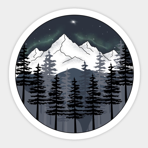 Mountain and Northern Lights Landscape Design Sticker by JadesCanvas